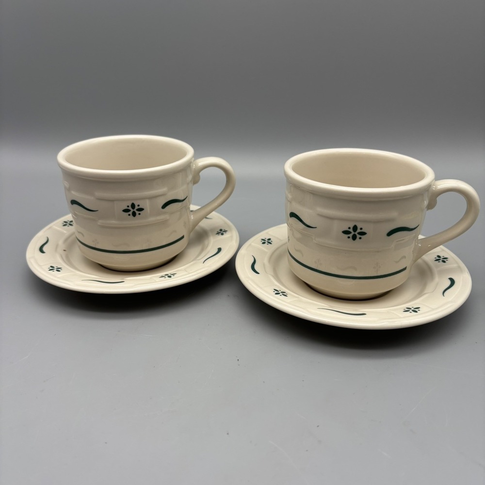Longaberger Pottery Woven Traditions Classic w/ Green - Coffee Cup & Saucer Set2
